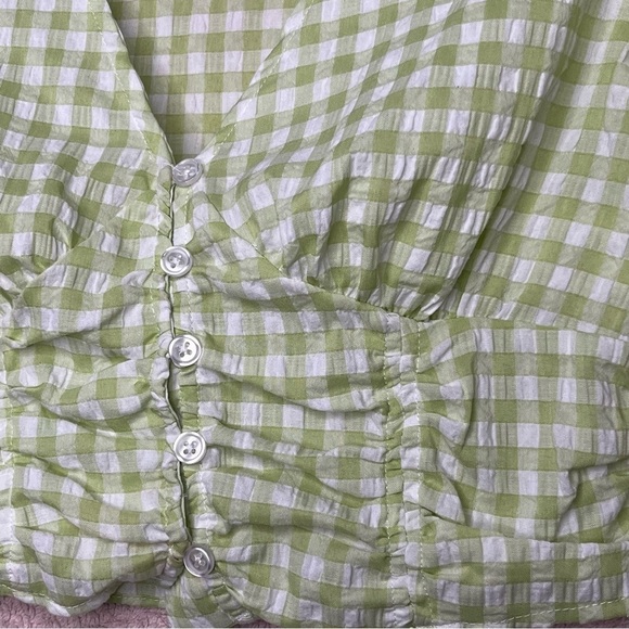 Freshman 1996 Puff Sleeve Cropped Blouse-Women’s S-Green/White-Check-Cottagecore - Picture 2 of 8